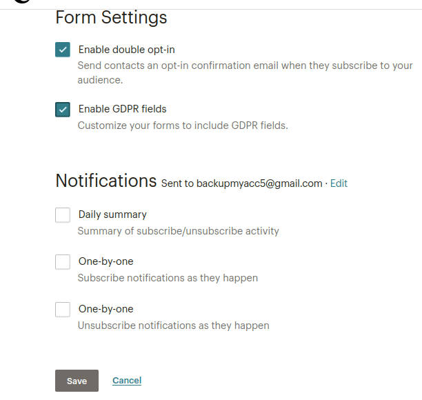 mailchimp audience form settings